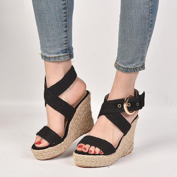 

summer women high heels gladiator sandals wedges open toe ladies espadrille shoes cross strappy roman beach, Black