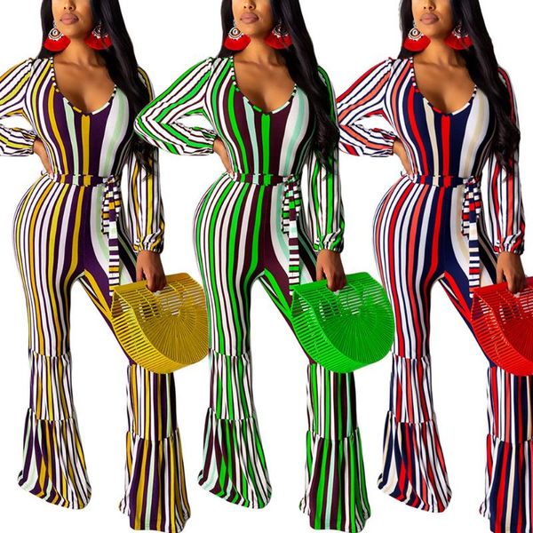 

women's jumpsuits & rompers fadzeco womens bodycon jumpsuit stripe print long sleeve flare pants elastic one piece romper playsuit club, Black;white
