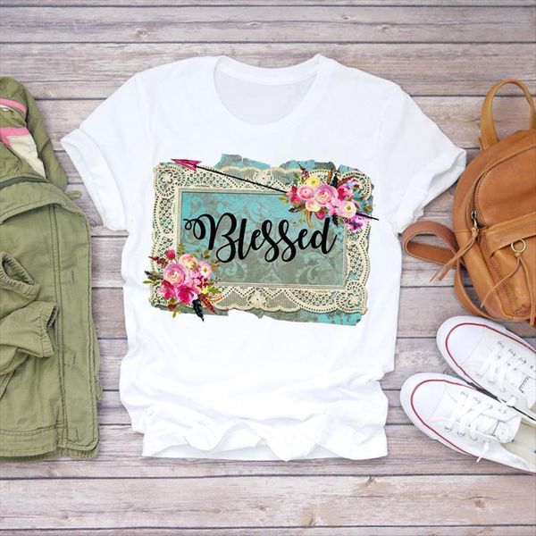 

summer blessed flower floral womens t shirts cute fashion printed ladies graphic female tee, White
