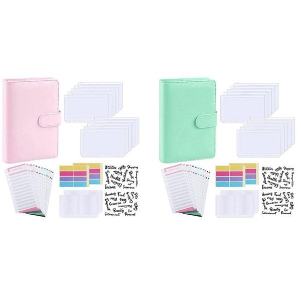 

gift wrap 2 set a6 pu leather notebook planner organizer refillable 6 ring binder cover letter sticker labels, pink & green