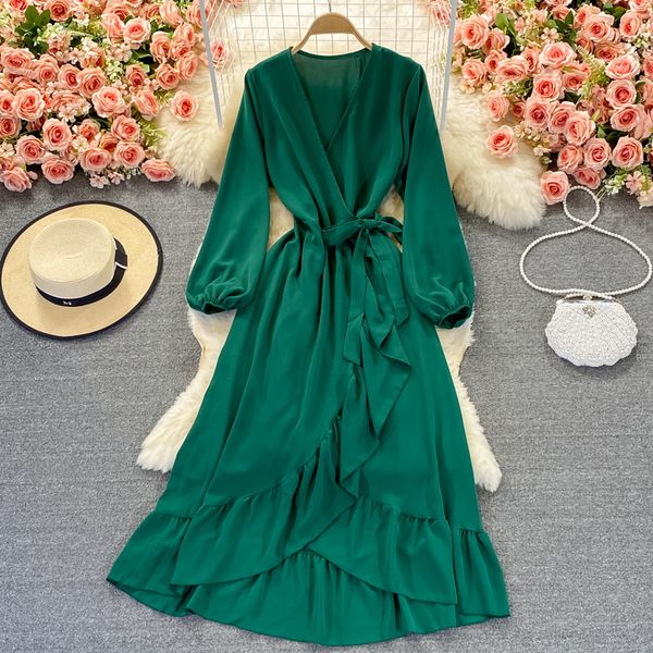 

autumn green/red/beige irregular ruffle long dress women vintage v-neck puff sleeve high waist big swing casual vestidos 2021, Black;gray
