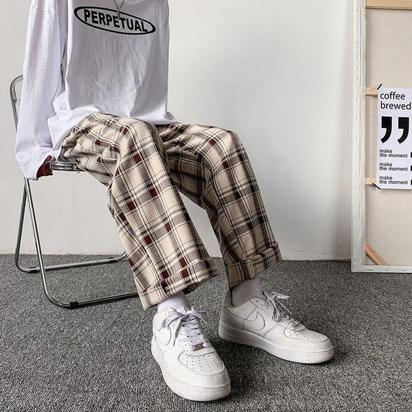 

men's pants men plaid loose comfortable retro casual all-match elastic waist chic wide leg trousers fashion streetwear korean style, Black