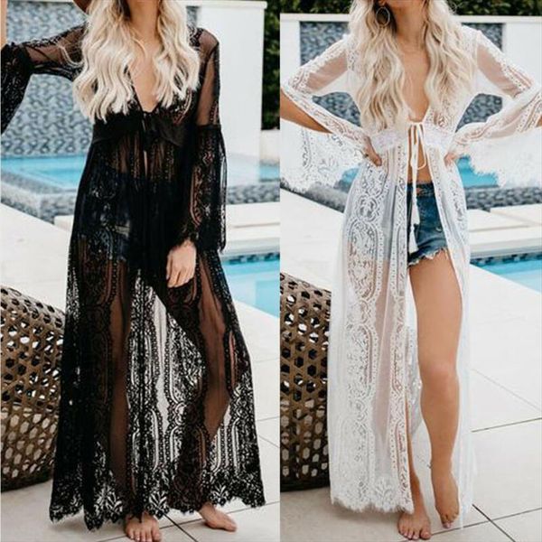 

women`s beach bikini cover womens dresses up long lace summer solid maxi swimwear outwear kaftan, Black;gray
