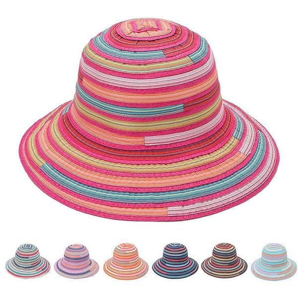 Cappello da pescatore Donna Estate Pieghevole Sole Arcobaleno Tessuto a righe Protezione solare colorata Donna Vacanza al mare Idilliaco Cappello casual Cappelli a tesa larga