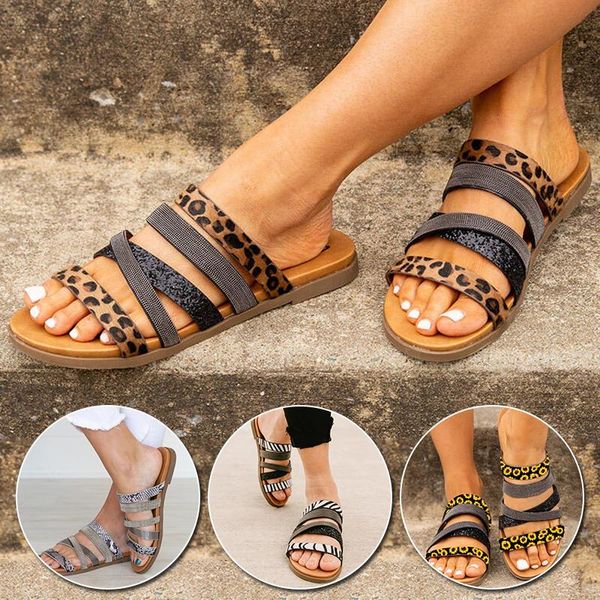 

women bohemian flat sandals roman slippers summer leopard print slides outdoor ladies shoes flip flops large size, Black