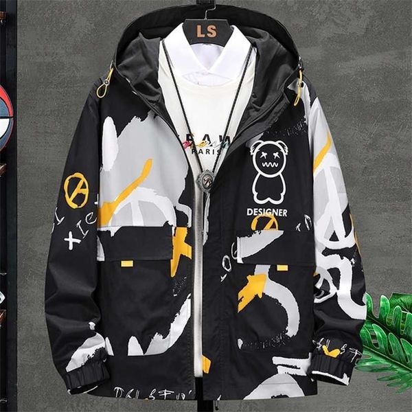 

spring autumn two side wear hooded windbreaker men's jacket streetwear fashion bear printed hip hop outfits coat big size 8xl 211214, Black;brown