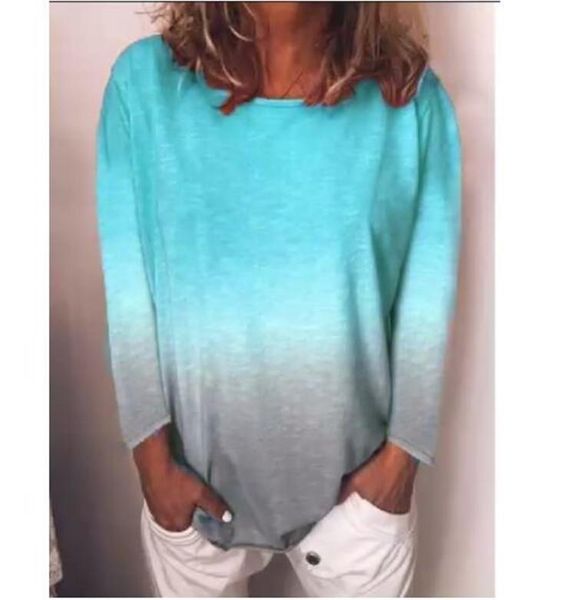 

women's t-shirt donsignet round neck pullover solid color gradient printing loose long sleeves clothes women, White