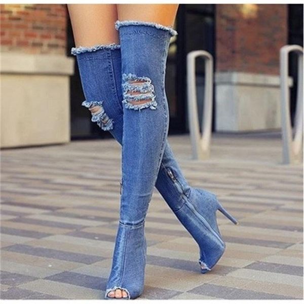 

boots women big size 40 41 denim high heels, Black