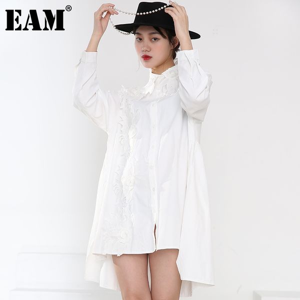 

[eam] women black floral decoration big size blouse lapel long sleeve loose shirt fashion spring autumn 1dd481000 21512, White