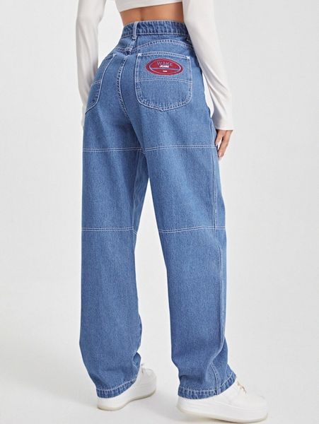 

high waist letter embroidery stitching jeans z8sl#, Blue