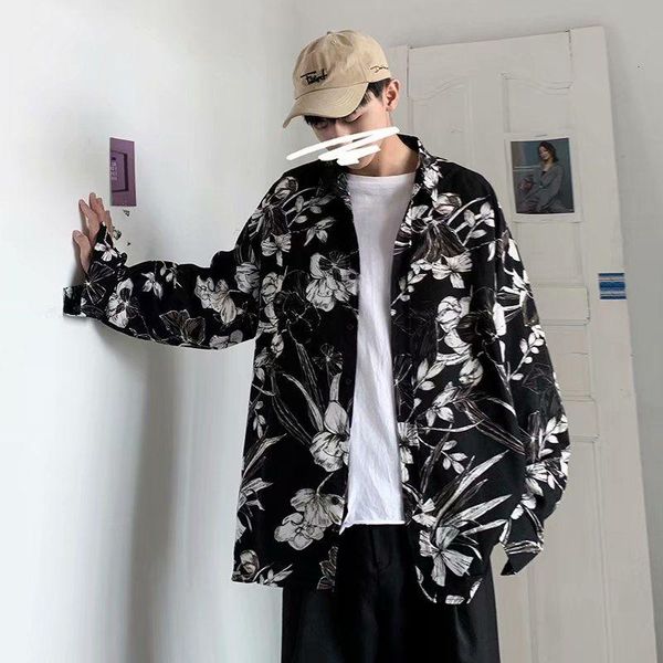 

spring autumn flower shirt men's fashion printed casual men streetwear korean loose long sleeve mens dress shirts, White;black