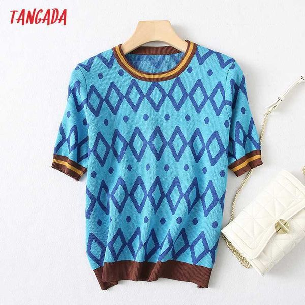 

tangada korea chic women plaid pattern summer sweater short sleeve ladies elegant style knitted jumper yu60 210609, White;black