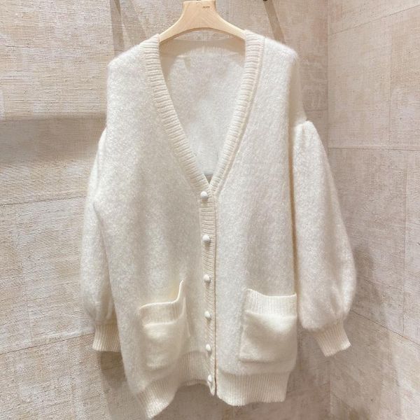 

women's knits & tees 2021 spring quality women puff sleeve knitted coat female luxury loose long cardigan sweater rmsx 3.03, White