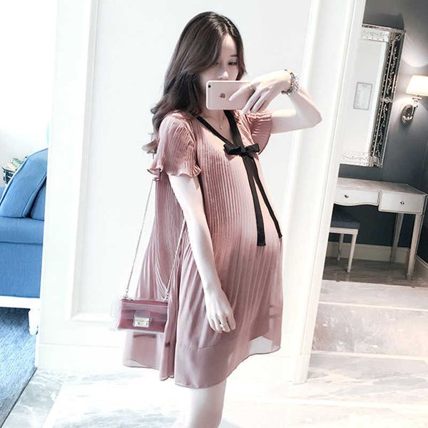 

summer pregnancy clothes pleated maternity dresses casual lace dress loose chiffon stitching lavender pregnancy dress x0902, White