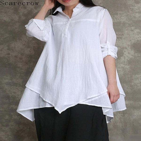 

autumn and winter irregular casual vintage long sleeve plus size clothing for women blouse cotton collar goth women's blouses & shirts, White