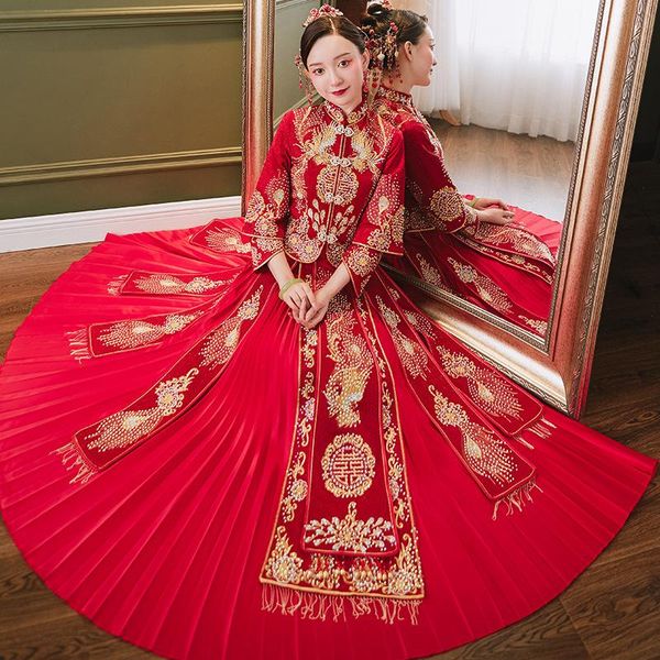 

ethnic clothing traditional feather phoenix embroidery bride groom wedding dress retro chinese refined stylish marry cheongsam, Red