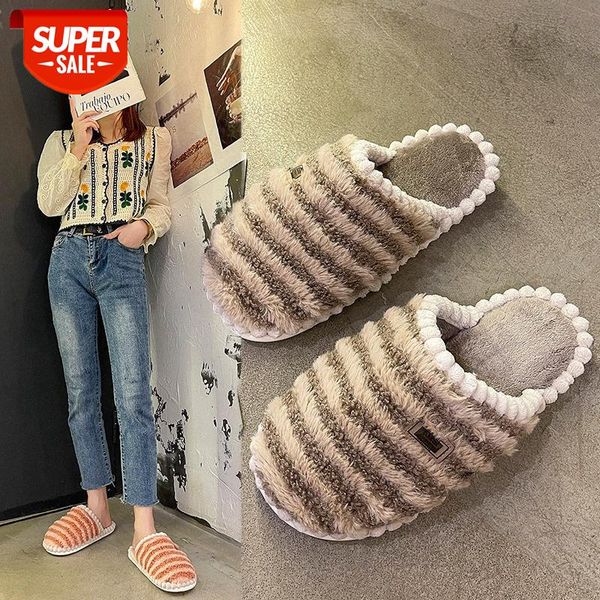 

plush slippers women's color matching indoor flat-bottomed home cotton #8m3b, Black