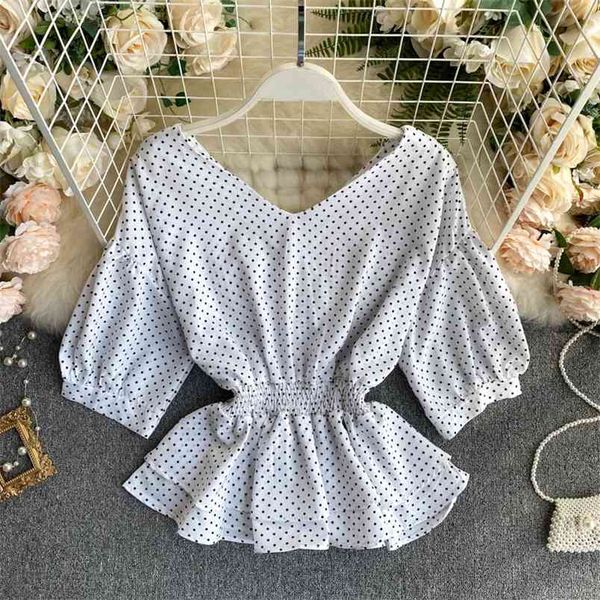 

summer women's blouse korean style the wave-dot v-neck waist lotus leaf swing chiffon short slimming female ll145 210506, White
