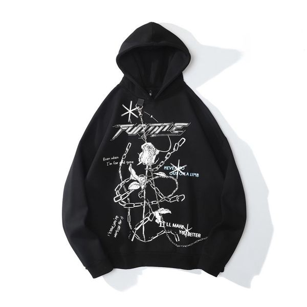 

high street dark print necklace hoodie male youth hip hop oversize plush pullover hoodie, Black