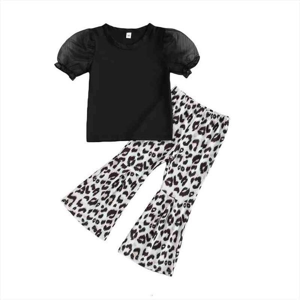 

kids baby girls summer clothes fashion 2-piece outfit set puff sleeve shirt leopard flared pants set 2-7t, White