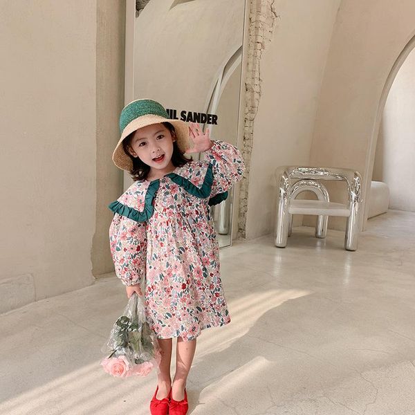 

girl's dresses children spring flowers dress wide turn fown collar beach long sleeve girls birthday vestido casual korean baby clothes, Red;yellow
