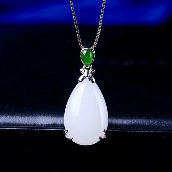 

lockets hetian baiyu silver inlay pendant white jade drop h10#