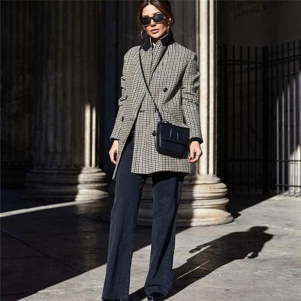 

women's suits & blazers woman elegant loose basic houndstooth blazer 2021 autumn casual female high street plaid ladies double breasted, White;black