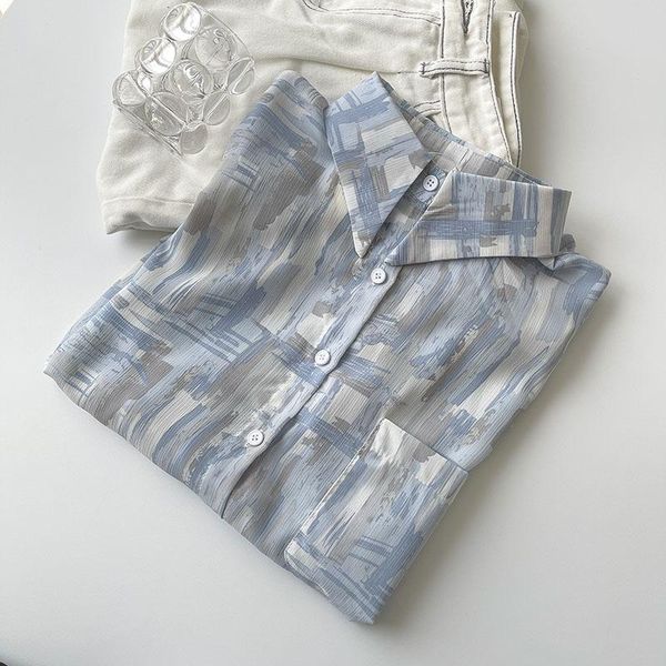 

women's blouses & shirts printed women summer 2021 turn-down collar chiffon long-sleeved casual all match female outwear, White
