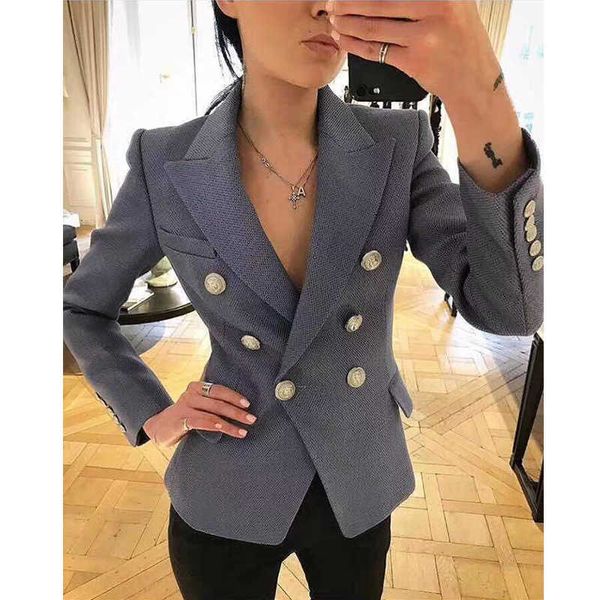 2019 nova moda luz azul blazers mulheres Double-breasted prata metal leão cabeça botão grosso trabalho escritório senhora blazer casacos x0721