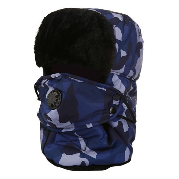 

bomber hat cold resistance windproof camouflage face shield ear protection thick winter warm cap outdoor hats, Black;white