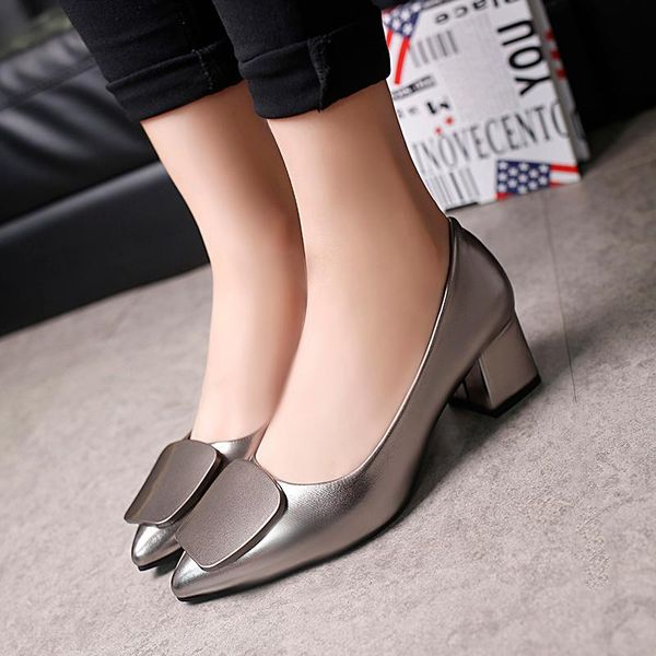 

spring woman med heels boat shoes gun color pointed toe pumps square heeled patent leather ladies zapatos mujer 34-40 dress, Black