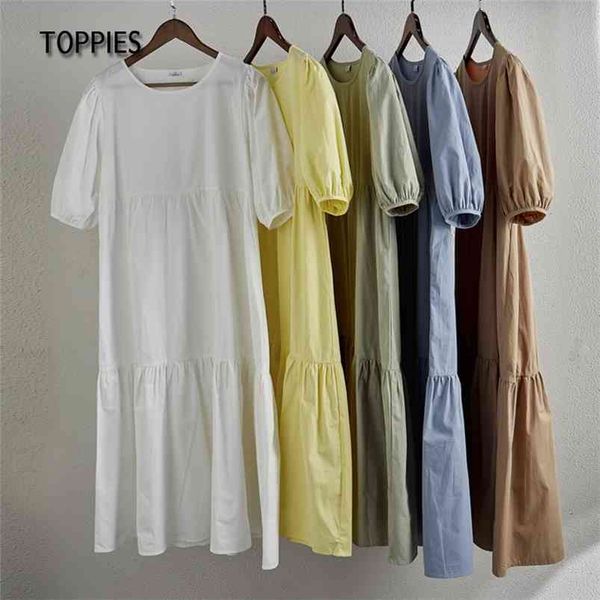 

white cotton puff sleeve dress woman summer midi short cascading ruffles blouses 210421, Black;gray