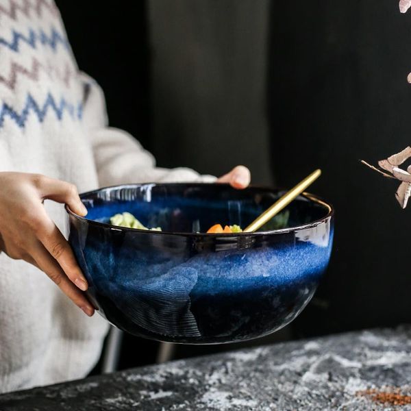 

large capacity ceramic salad bowl retro kiln glaze ocean blue noodle fruit bowls kitchen household deskdecoration tableware