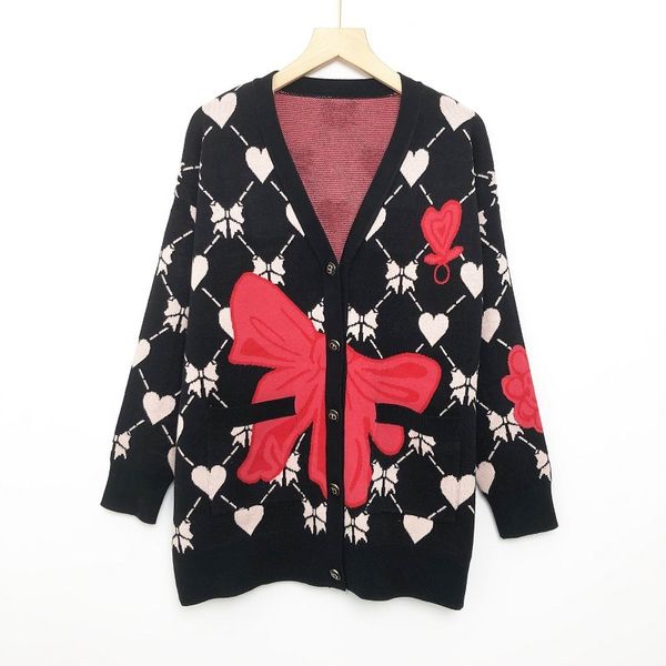 

sweater knit autumn and winter 2021 women's wear v-neck long sleeve medium bow embroidery loose temperament ted cardigan thick style, White;black