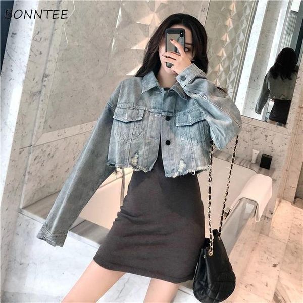 

women's jackets basic women fashion vintage retros crop denim outwear ripped hole long sleeve design irregular loose autumn korean styl, Black;brown