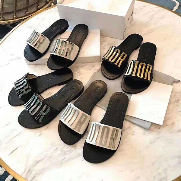 

2021 new one-piece slippers for women to wear fashionable versatile metal letters europe station non slip flat bottom sandals zlh, Black