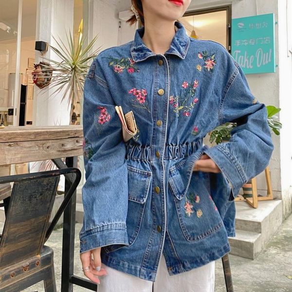 

women's jackets [ewq] elastic waist medium length flower embroidery denim jacket long sleeve lapel collar fashion tide 2021 autumn gd79, Black;brown