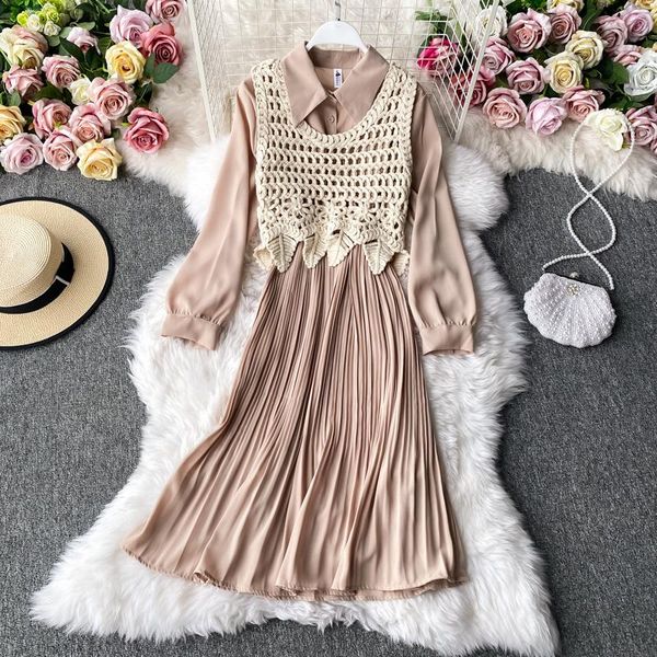 

casual dresses 2021 autumn knitted vest + loose pettiskirt hepburn style younger shirt dress two-piece suit, Black;gray