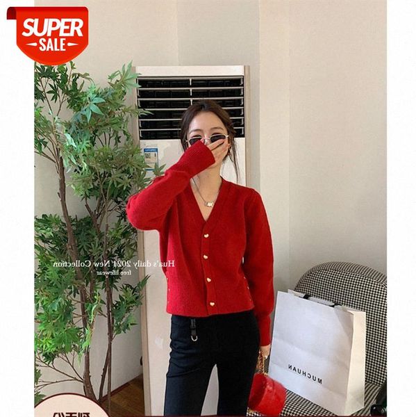 

korean long-sleeved [swan neck love button] was thin value max french retro knitted sweater trend #oq6x, White