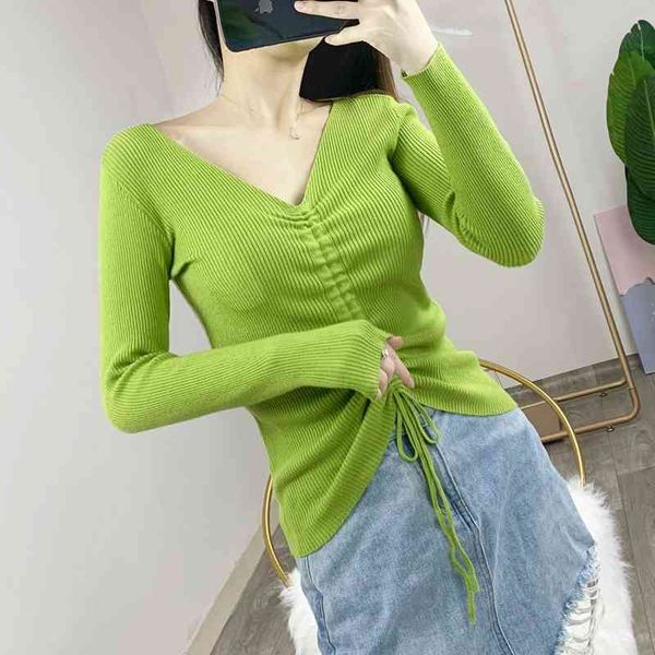 

spring lace-up slim v-neck vivid color short women lady caridigan woolen sweater 210513, White;black