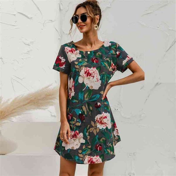 Floral impressão de algodão linho vestido mulheres verão vintage casual o pescoço manga curta solta reta mini vestidos vestidos plus size 210522