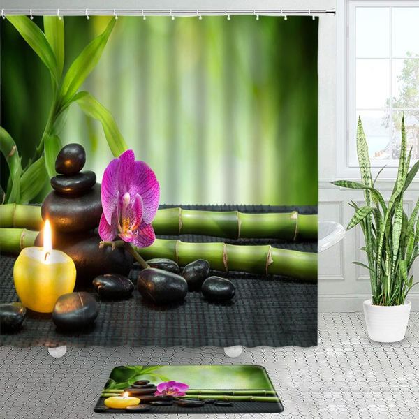 

shower curtains purple orchid yellow candle green bamboo zen bath mats set black stone garden bathroom decor non-slip door rugs