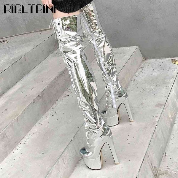 

boots female zipper knee shoes platform sier high heels women party round toe clubwear boots, Black
