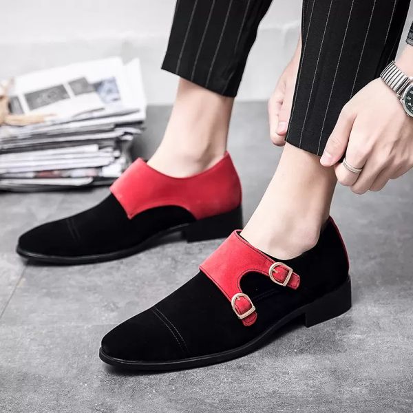 Neue Designer Britischen Wildleder Schwarz Rot Patchwork Mönch Strap Schuhe Flache Für Männer Kleid Formale Hochzeit Prom Oxford Zapatos hombre