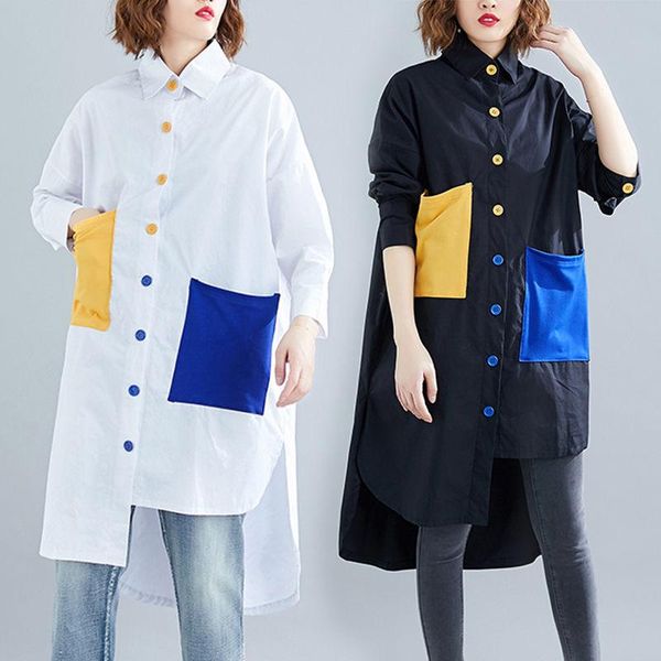 

women's blouses & shirts patch big pocket irregular shirt women spring autumn 2021 plus size casual long sleeve cotton blouse lady dres, White