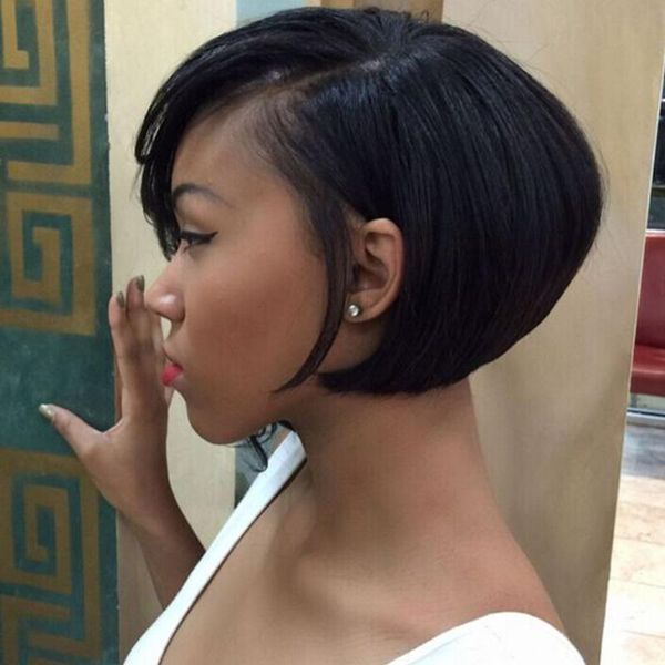 

lace wigs short front pixie cut wig straight brazilian remy hair 150% density side part human pre plucked line, Black;brown