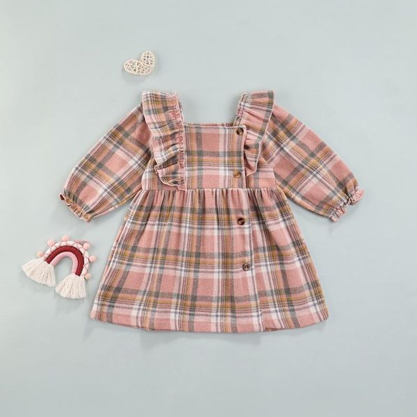 

girl's dresses girls autumn winter ruffle dress plaid square-neck long sleeve button-open casual a-line for kids 9 months to 3 years, Red;yellow