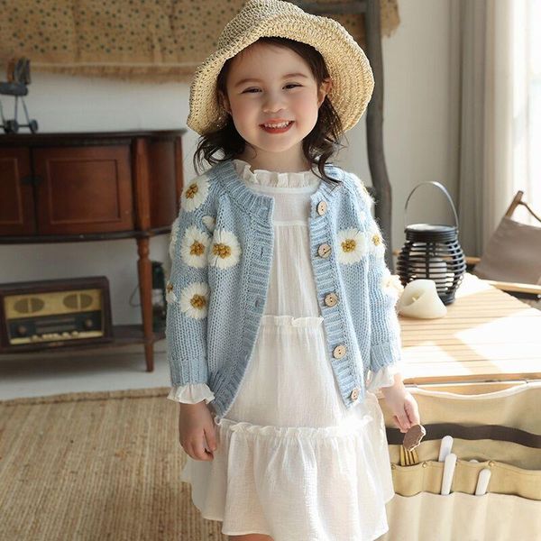 

jackets sweet baby girl floral embroidery knit cardigan outwear spring thick warm long sleeve sweater toddler clothes, Blue;gray