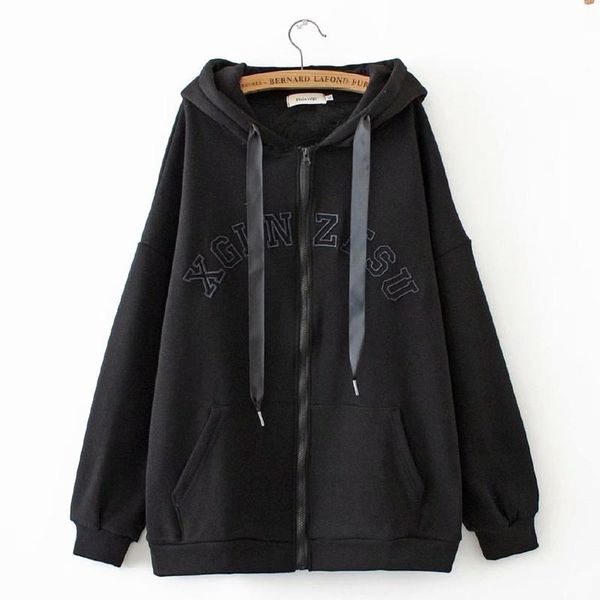 

women's hoodies & sweatshirts plus size letter embroidery long sleeved velvet winter sports wear casual outwear hoodie jacket women, Black