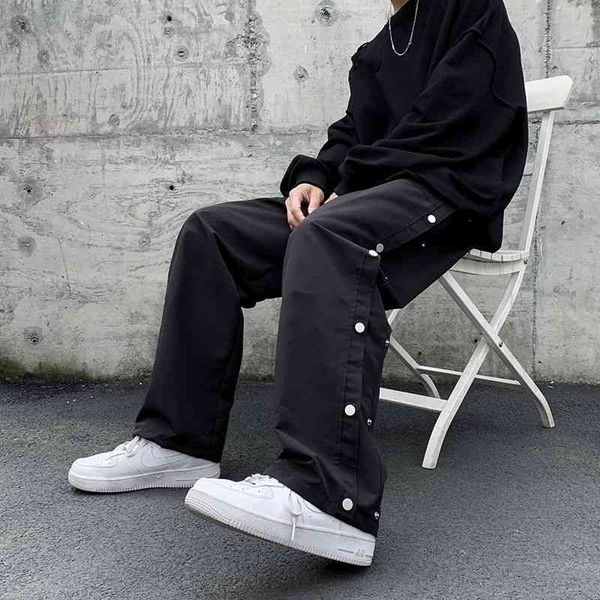 

men's pants summer wide-leg fashion retro button casual men streetwear loose hip-hop straight-leg mens trousers djil, Black